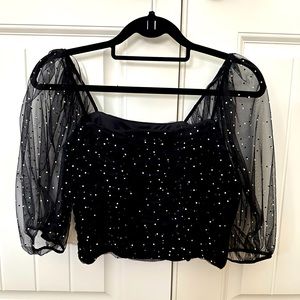 ZARA Size S - Crop Top Ruched Sequin Sheer Sleeve
